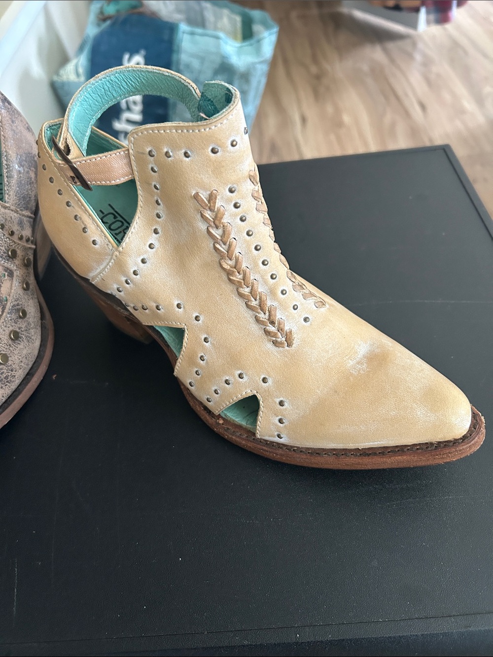 Corral Beige Braided Cutout Leather Ankle Boots
